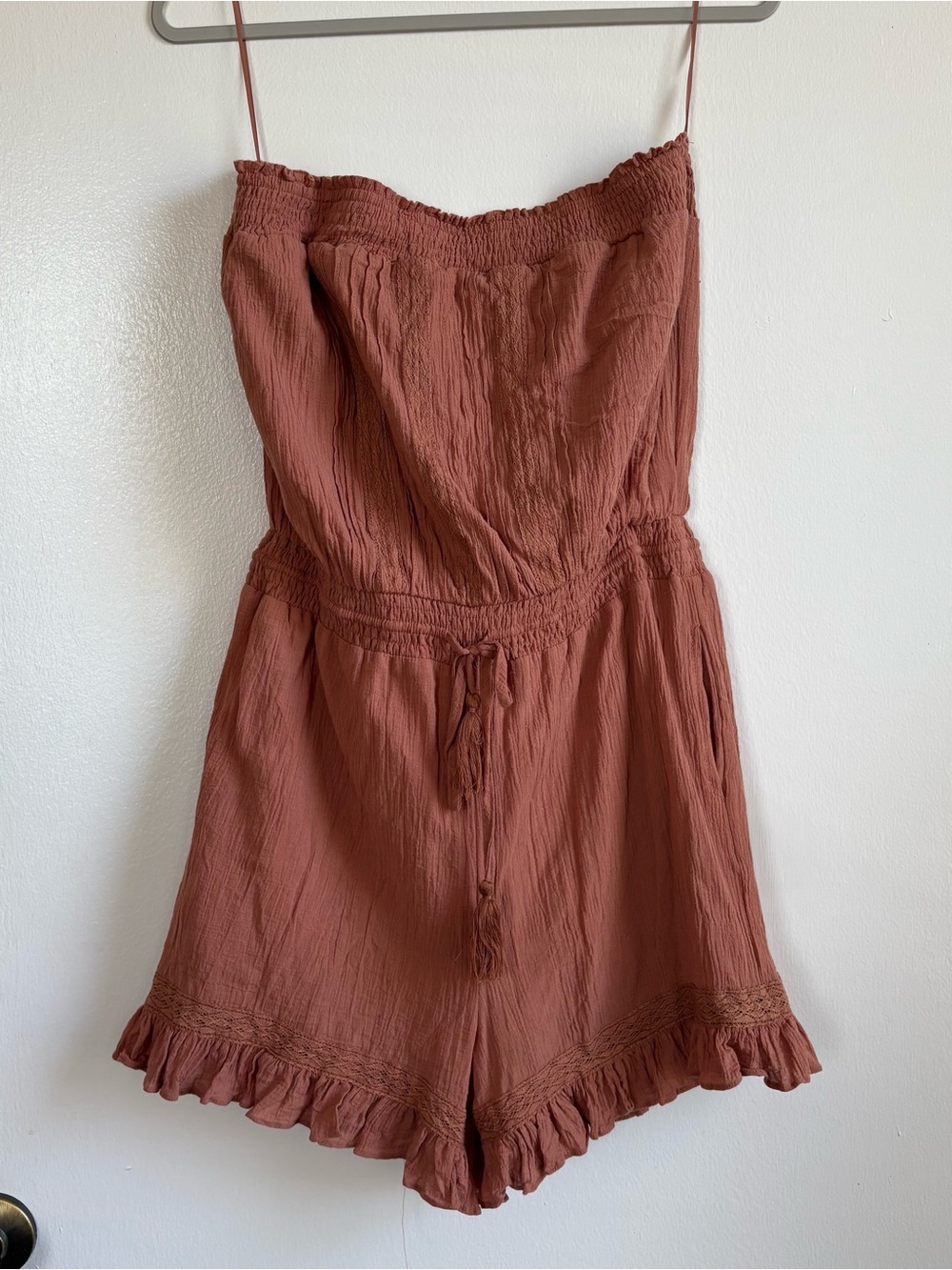 Bluivy Rust-Colored Strapless Tie-Waist Romper
